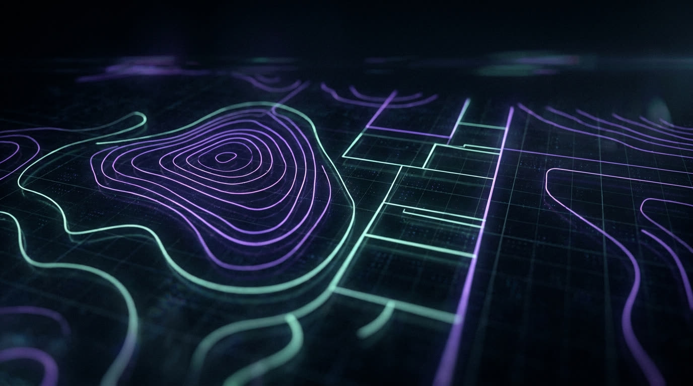 Abstract violet and mint topographic data lines on a dark background