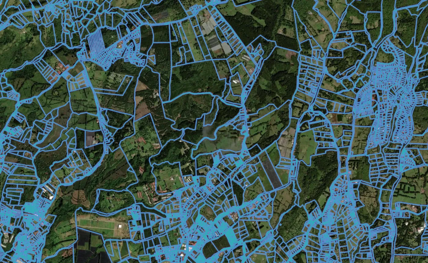 Satellite view of Barva with the official cadastre lines