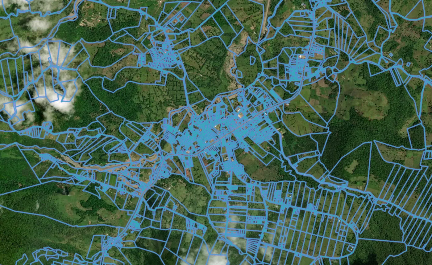 Satellite view of Bijagua with the official cadastre lines