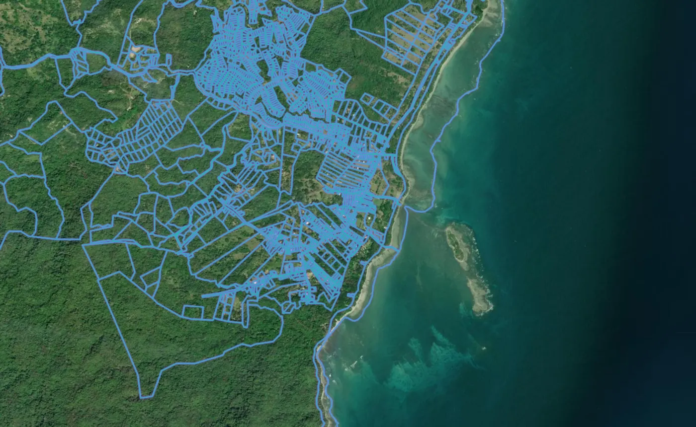 Satellite view of Cabuya with the official cadastre lines