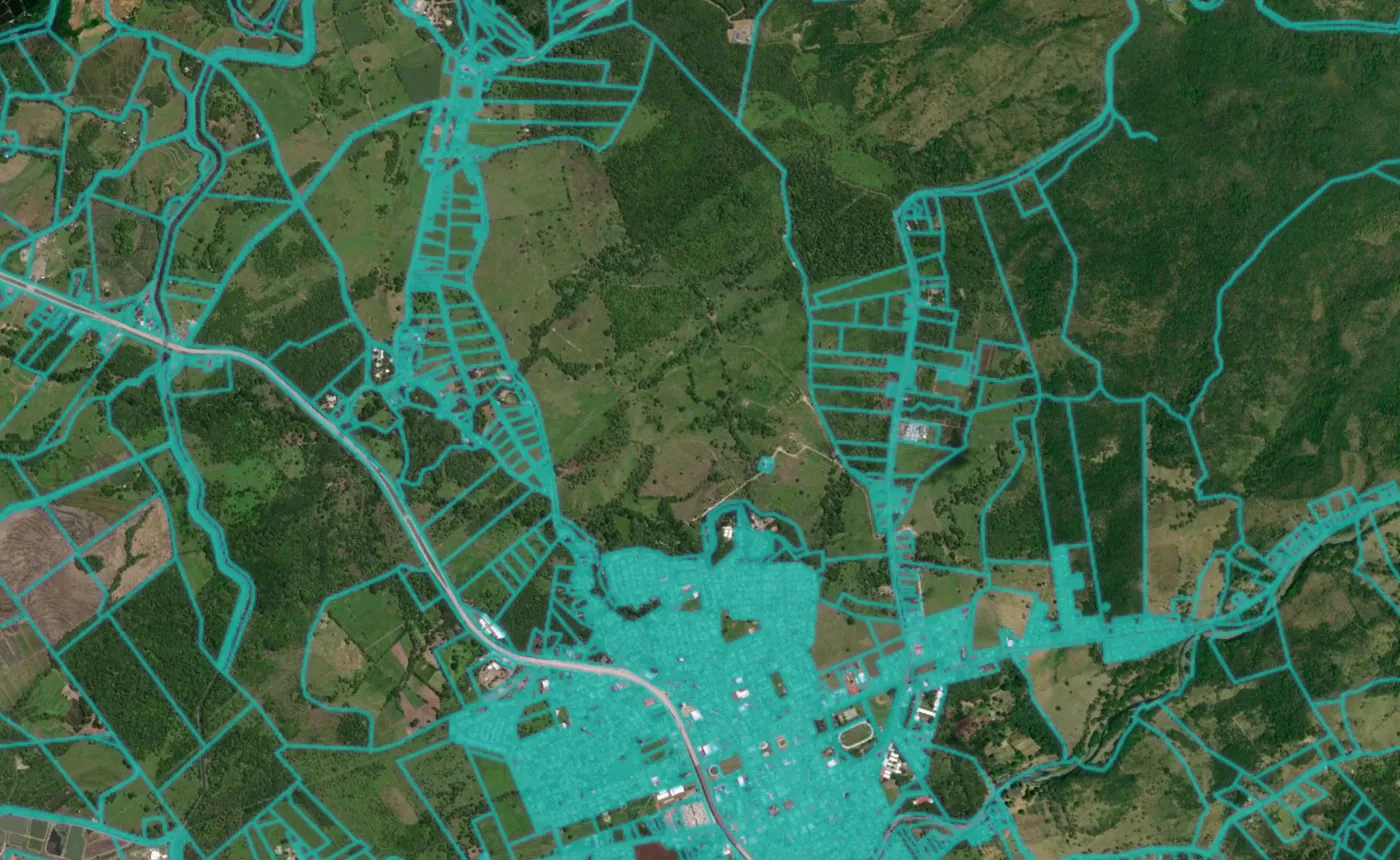 Satellite view of Cañas with the official cadastre lines