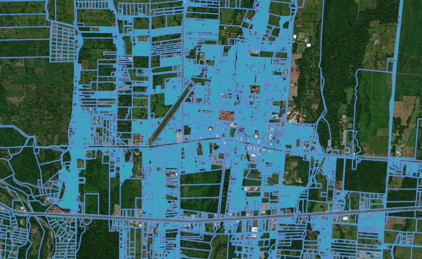 Satellite view of Guápiles with the official cadastre lines