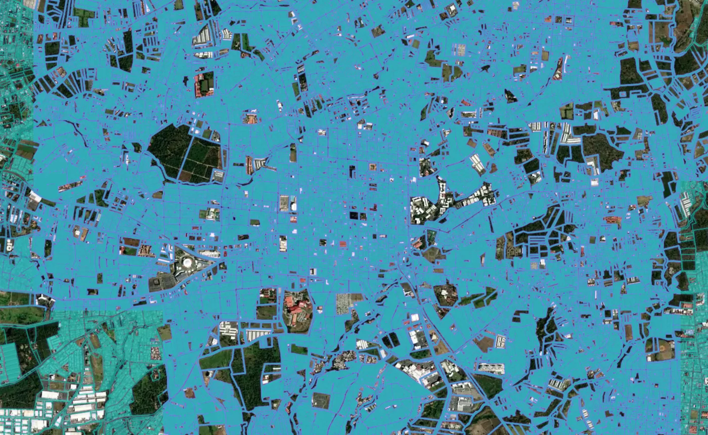 Satellite view of Heredia with the official cadastre lines