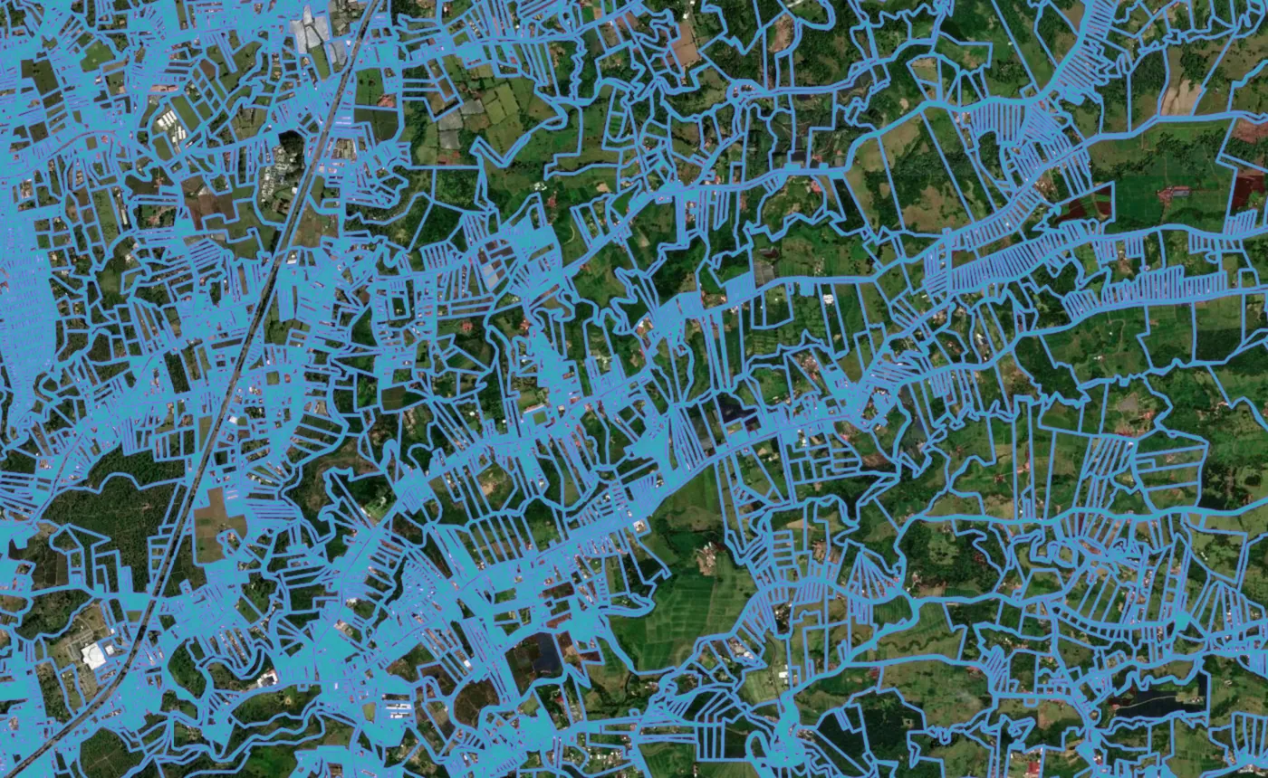 Satellite view of Moravia with the official cadastre lines