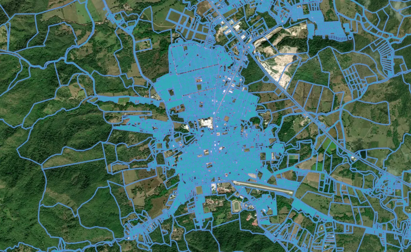 Satellite view of Nicoya with the official cadastre lines