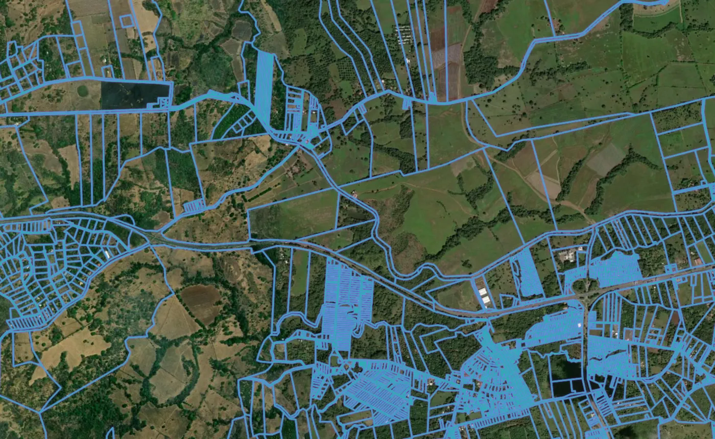 Satellite view of Orotina with the official cadastre lines