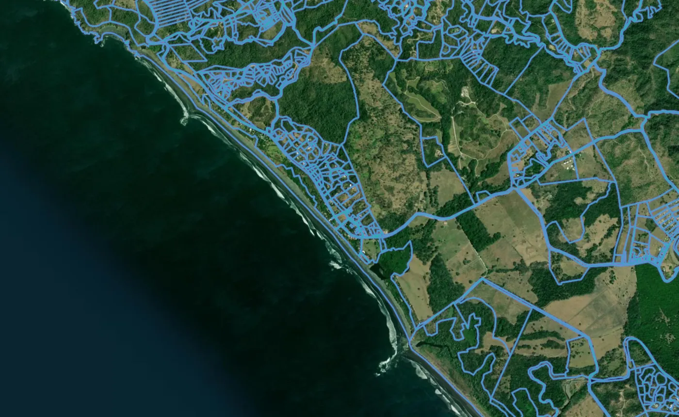 Satellite view of Ostional with the official cadastre lines