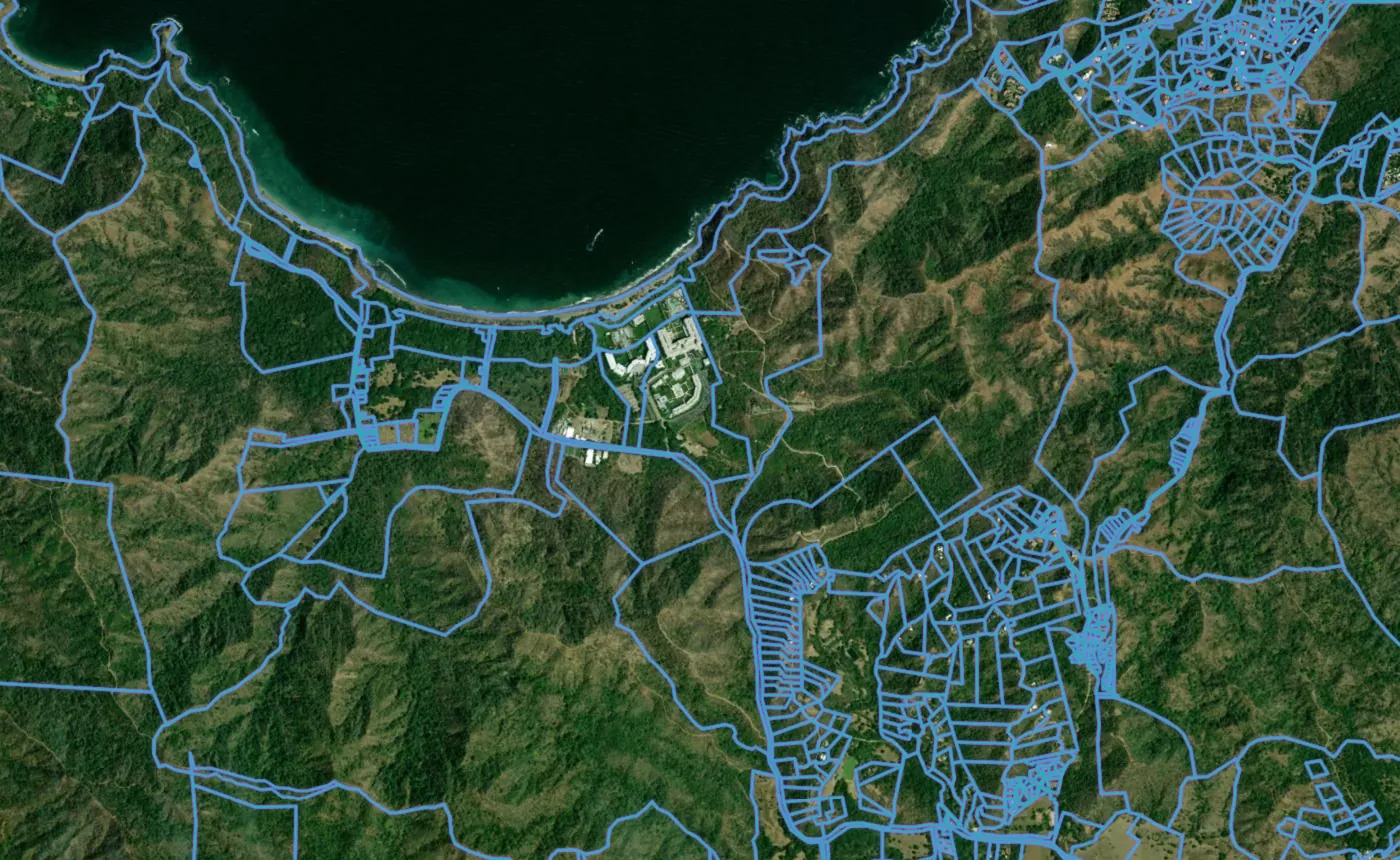 Satellite view of Papagayo with the official cadastre lines