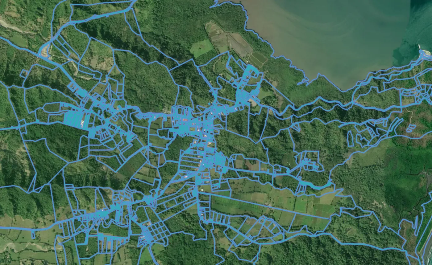 Satellite view of Paquera with the official cadastre lines