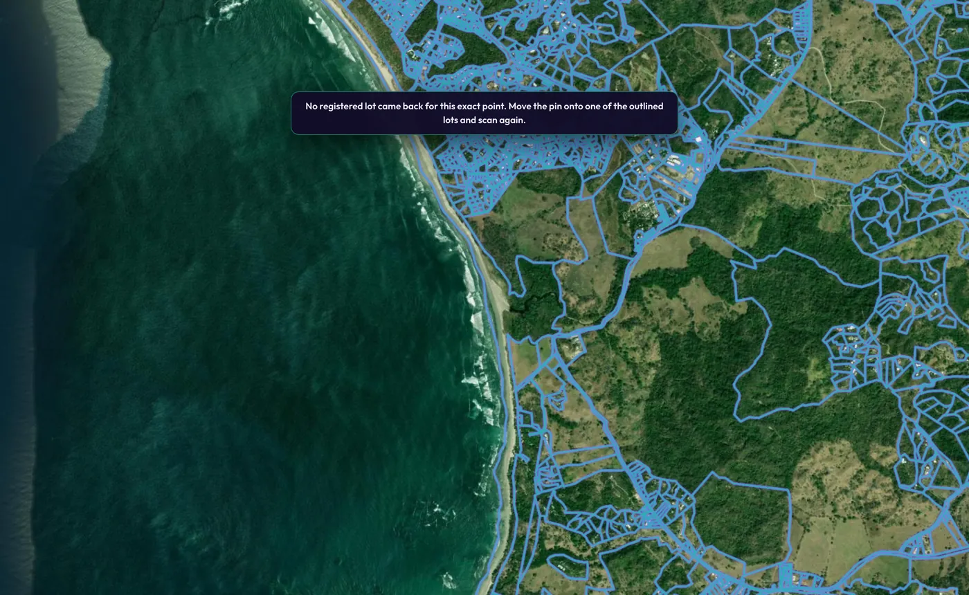 Satellite view of Playa Guiones with the official cadastre lines