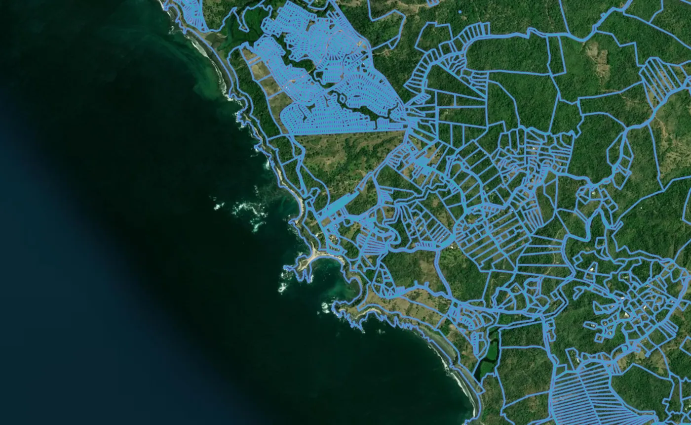 Satellite view of San Juanillo with the official cadastre lines
