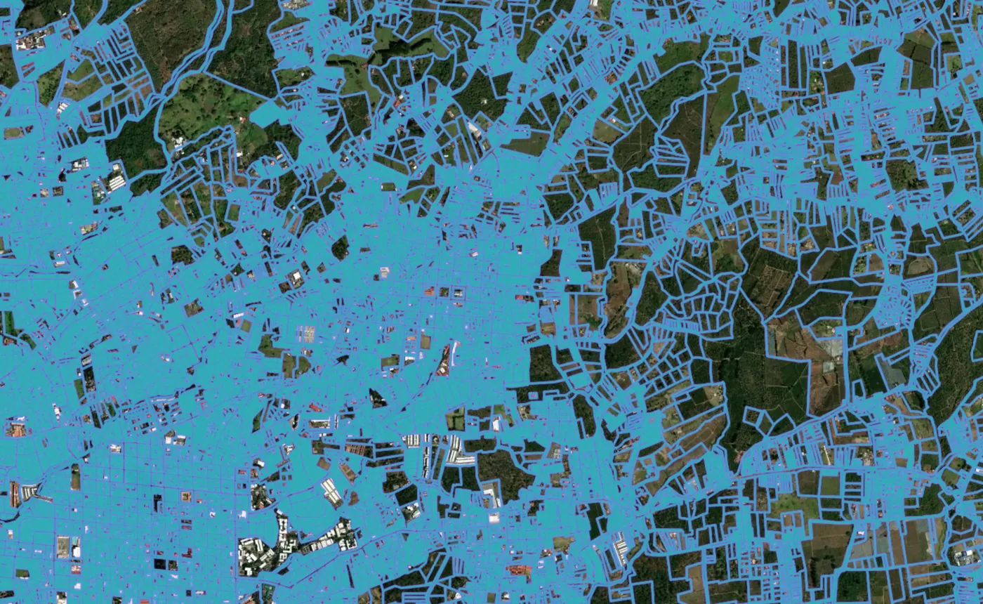 Satellite view of San Rafael de Heredia with the official cadastre lines