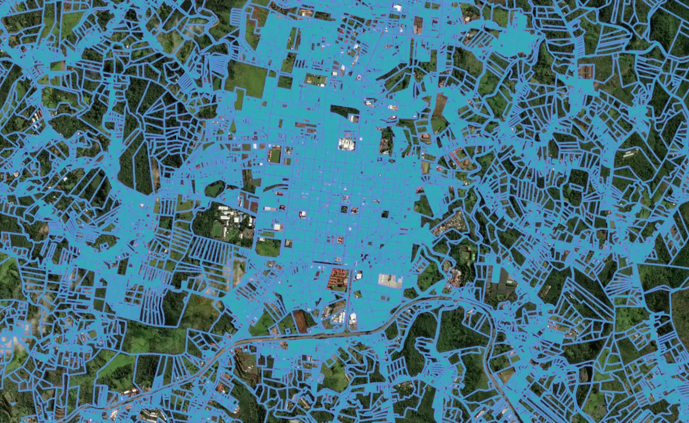 Satellite view of San Ramón with the official cadastre lines