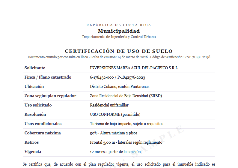 Sample Municipal land-use certificate document