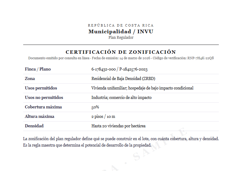 Sample Zoning / plan regulador certificate document