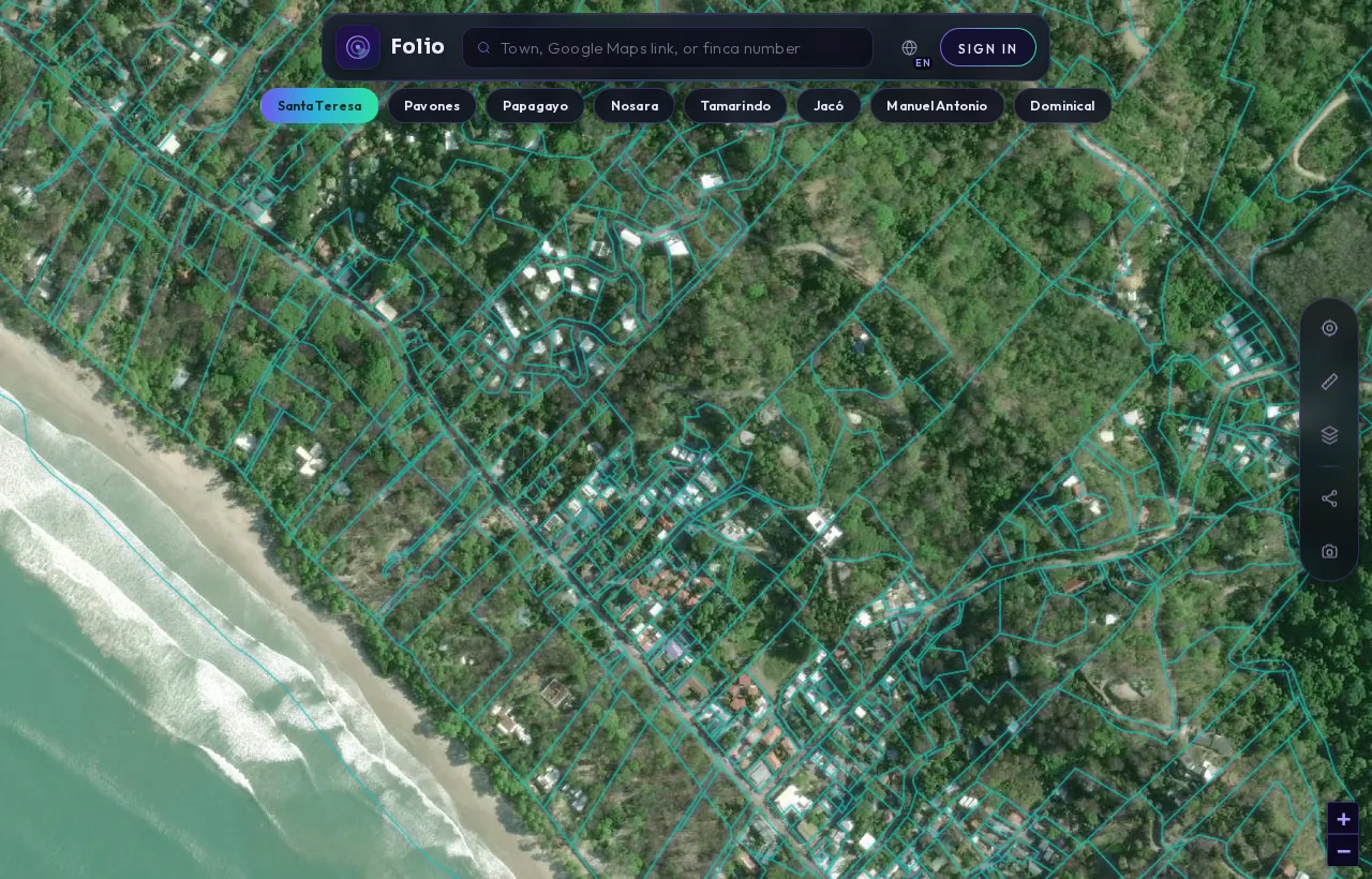 The Folio app: satellite map of Costa Rica with registered parcels and map layers