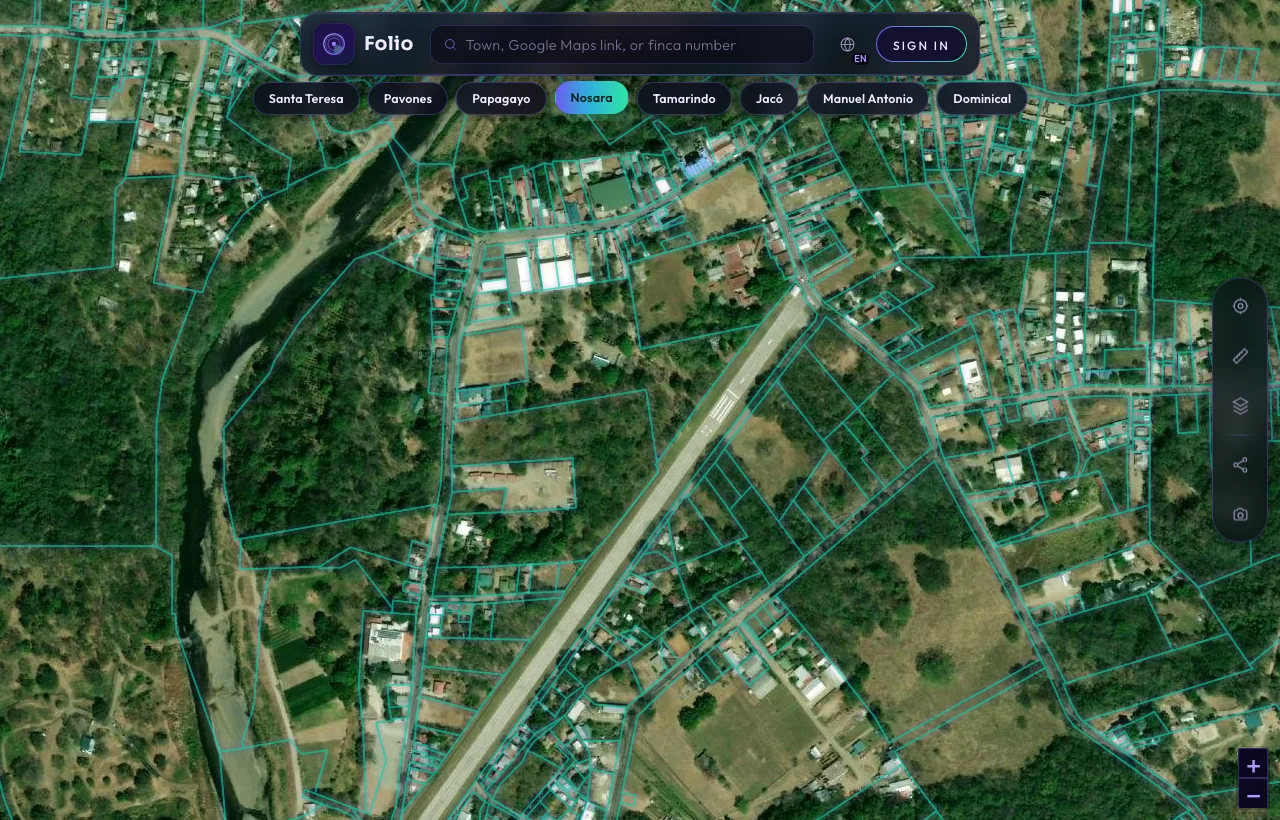 Nosara in the Folio app: satellite map with every registered parcel outlined