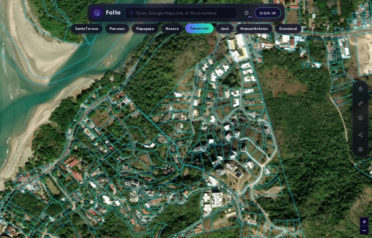 Tamarindo in the Folio app: satellite map with every registered parcel outlined